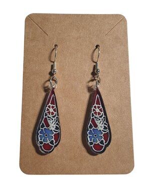 Stained Glass Look Teardrop Dangle Earring Acrylic Floral Art Design Lightweight